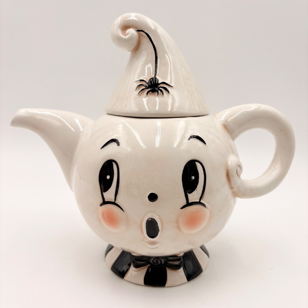 Johanna Parker Ghost Teapot Halloween Ceramic Spider Hat Striped Base White